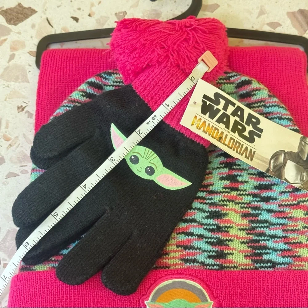Star Wars Set New Girls The Mandalorian Grogu Baby Yoda Hat‎ Scarf Mittens Pink